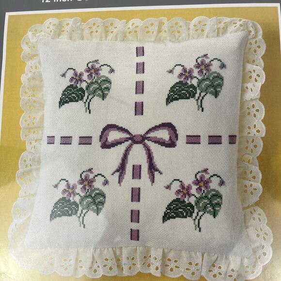 Wonderart Counted Cross Stitch Kit 5428 Violets Pillow 12x12 Inch Ruffle - Picture 2 of 5